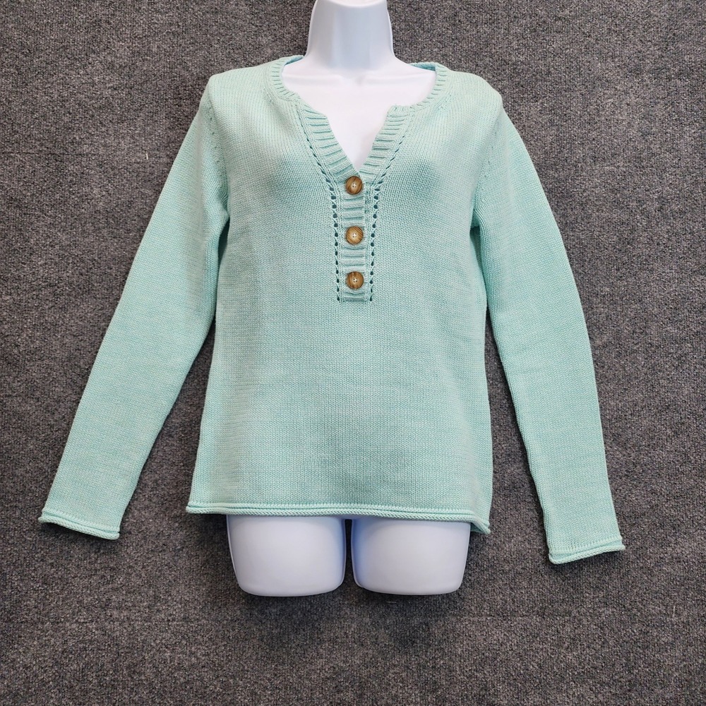 Eddie Bauer Womens Cotton Henley Sweater Aqua Blue Preppy Coastal Cottagecore XS